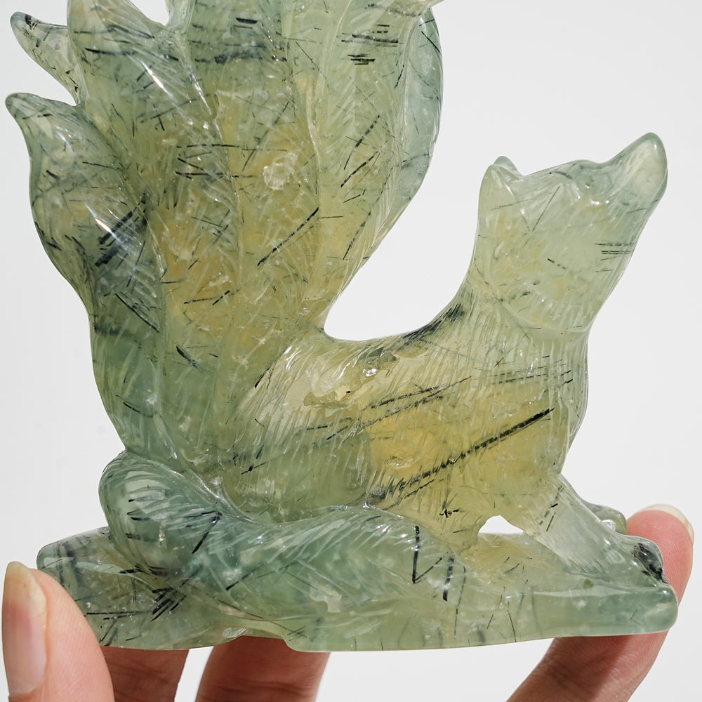 Unique,Natural Crystal Carving Prehnite Nine‑Tailed Fox