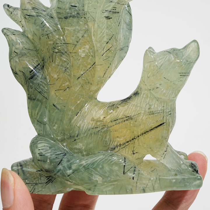 Unique,Natural Crystal Carving Prehnite Nine‑Tailed Fox