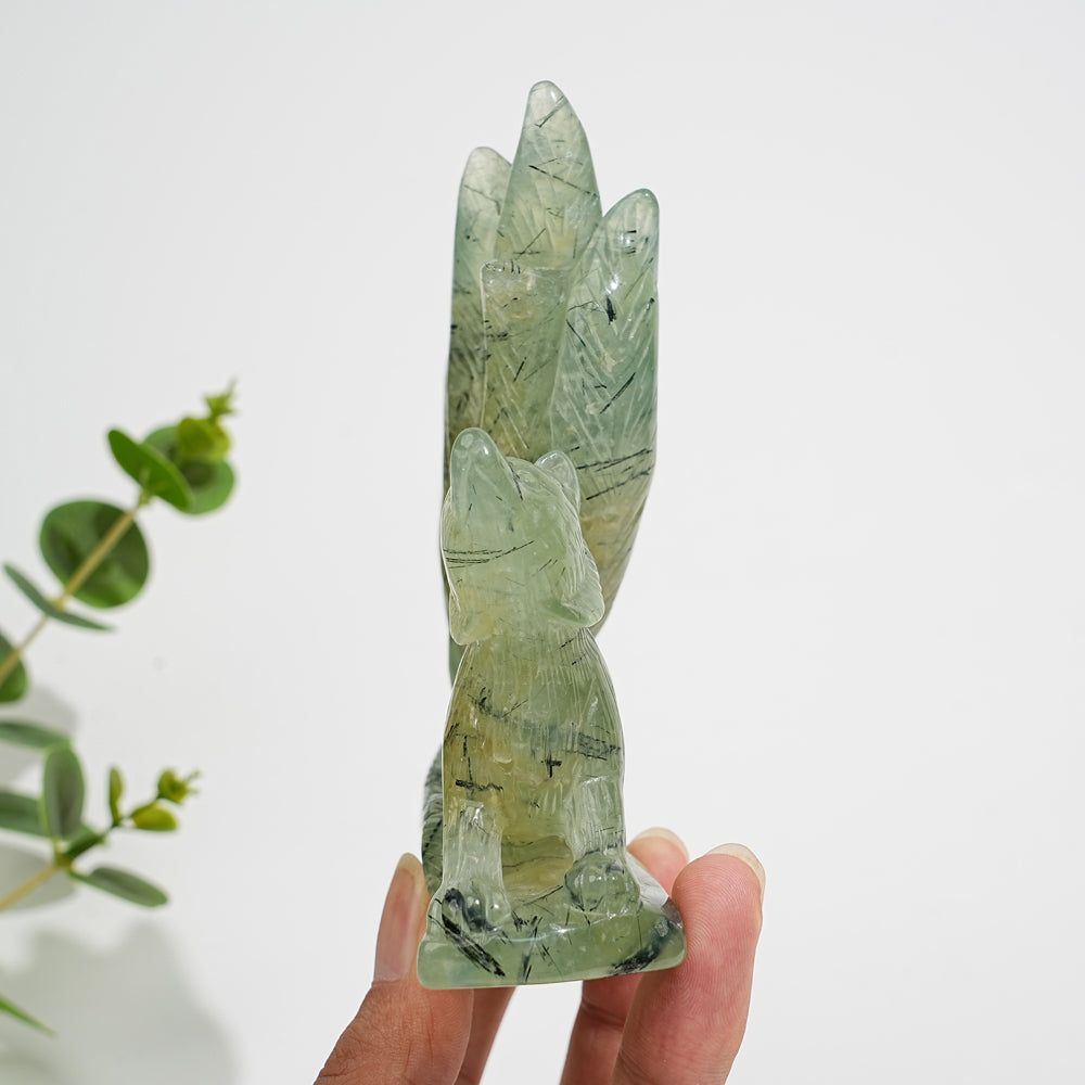 Unique,Natural Crystal Carving Prehnite Nine‑Tailed Fox