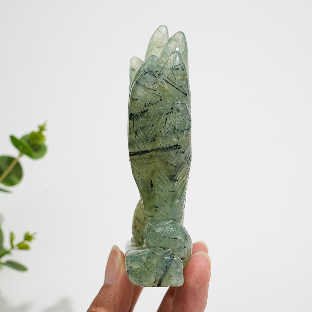 Unique,Natural Crystal Carving Prehnite Nine‑Tailed Fox
