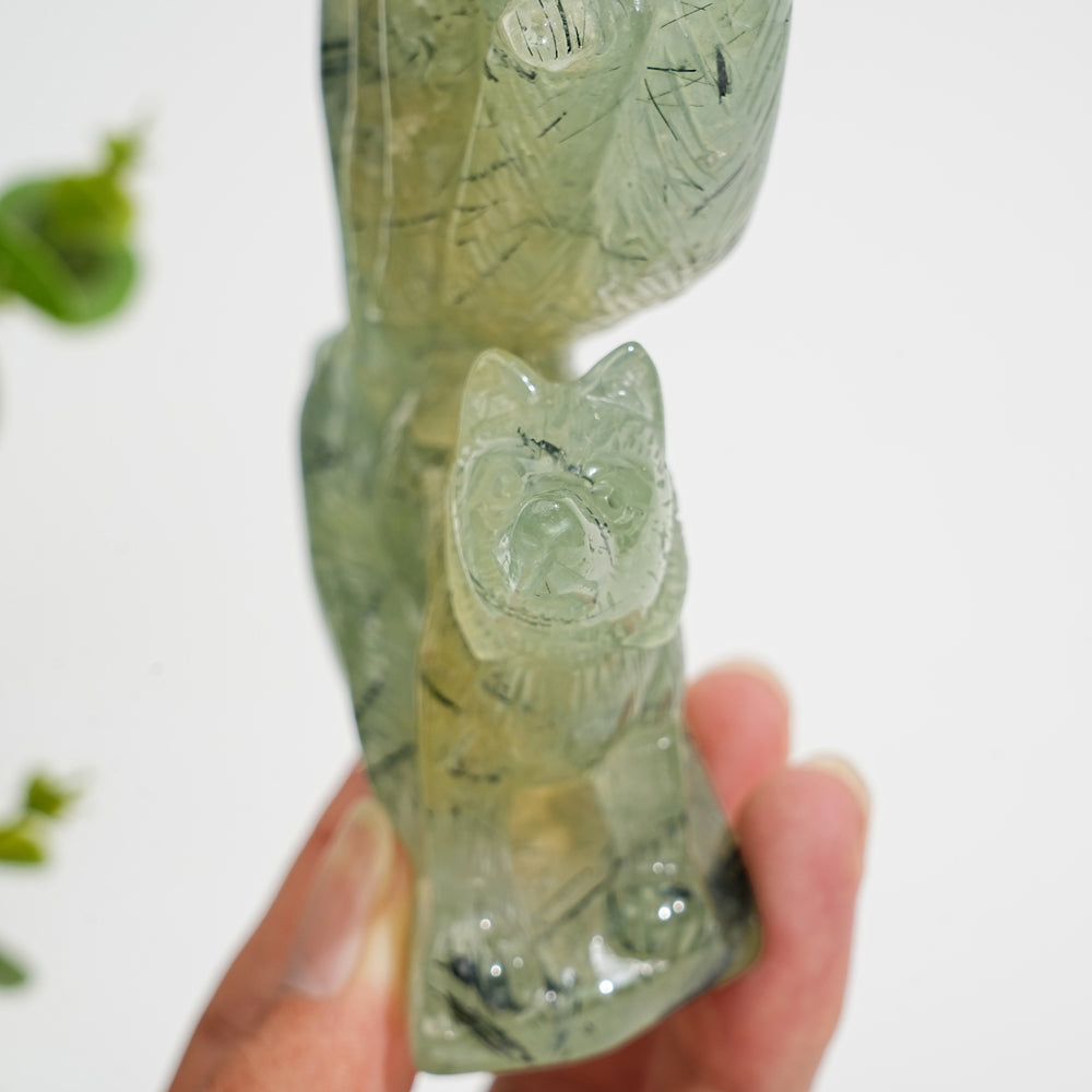 Unique,Natural Crystal Carving Prehnite Nine‑Tailed Fox
