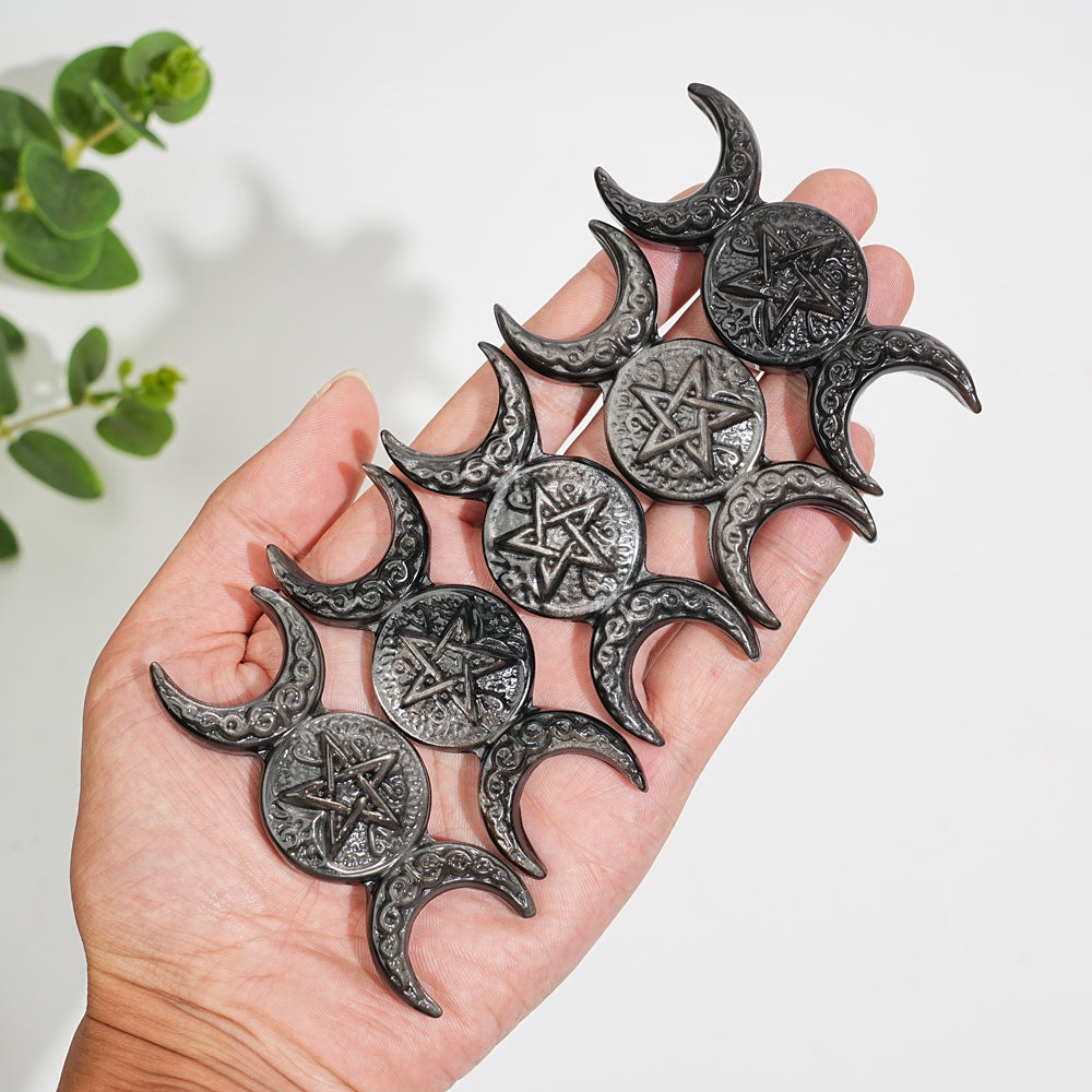 Natural Crystal Carving Silver Obsidian Triple Moon
