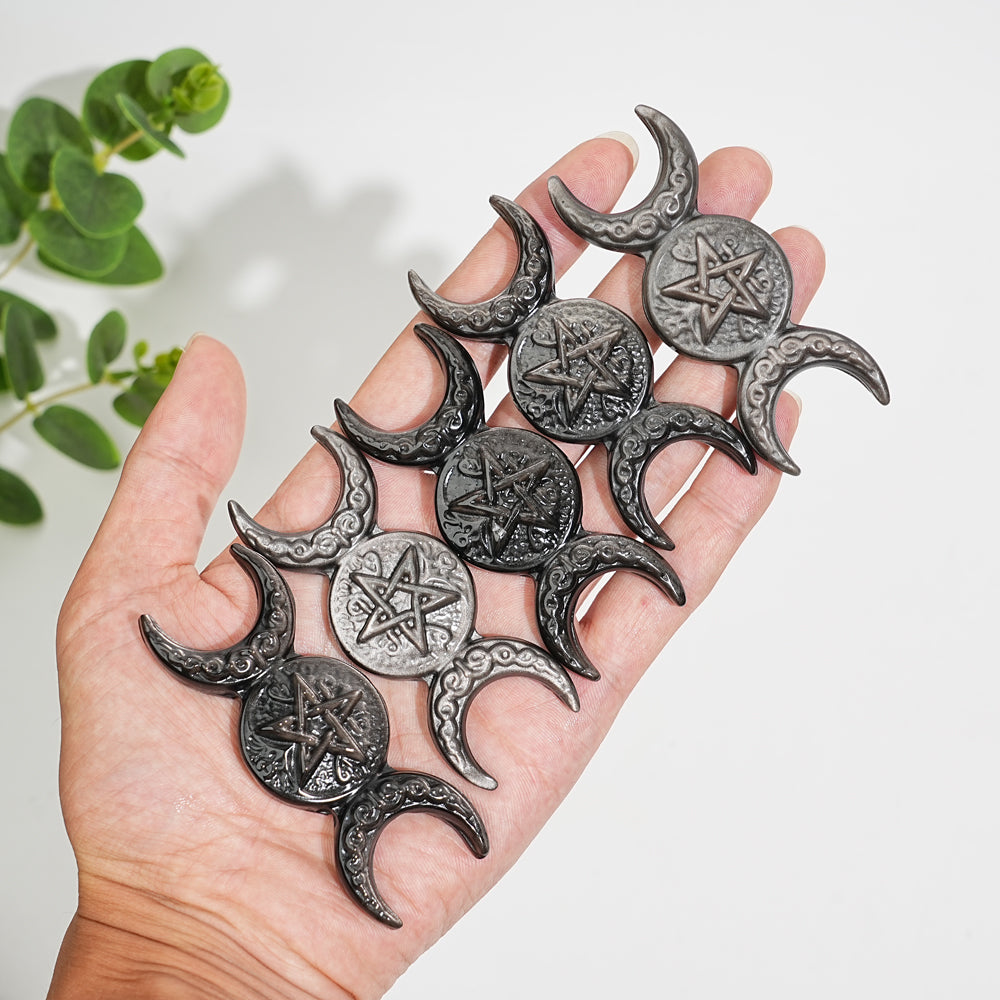Natural Crystal Carving Silver Obsidian Triple Moon