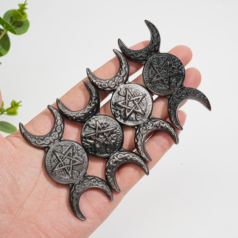 Natural Crystal Carving Silver Obsidian Triple Moon
