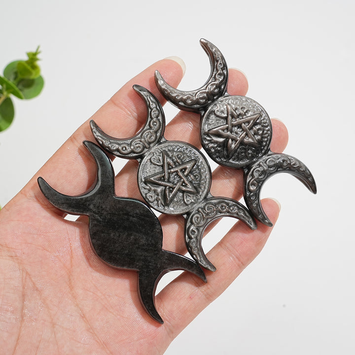 Natural Crystal Carving Silver Obsidian Triple Moon