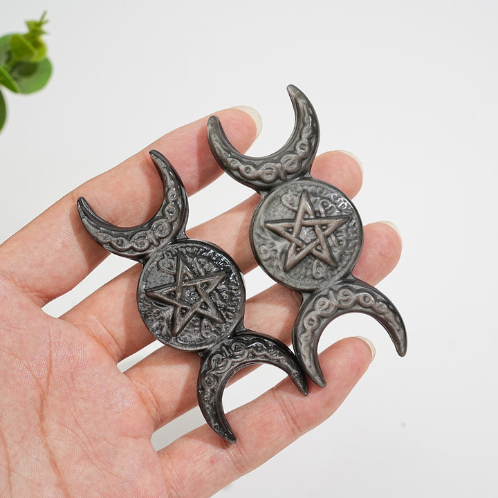 Natural Crystal Carving Silver Obsidian Triple Moon