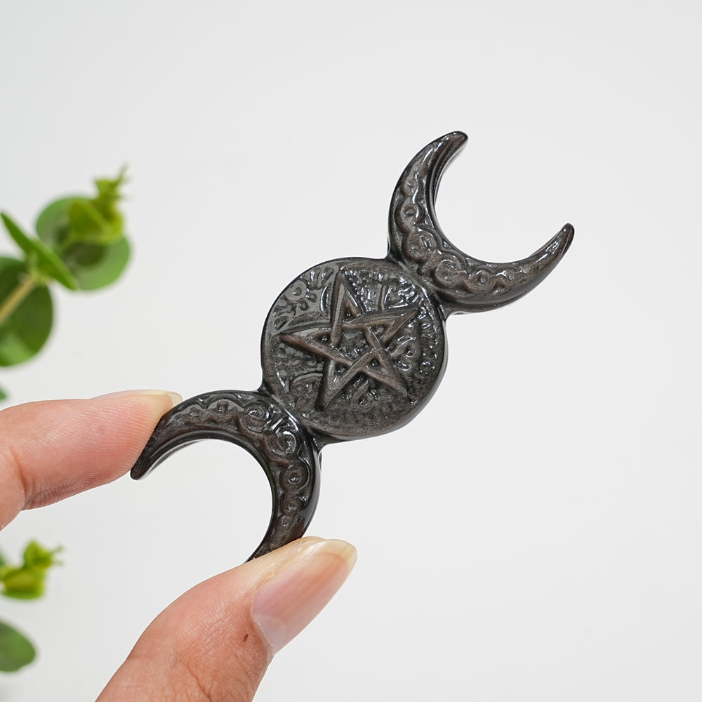 Natural Crystal Carving Silver Obsidian Triple Moon