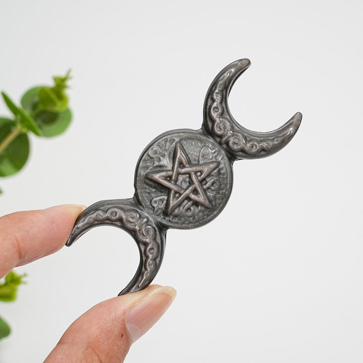 Natural Crystal Carving Silver Obsidian Triple Moon