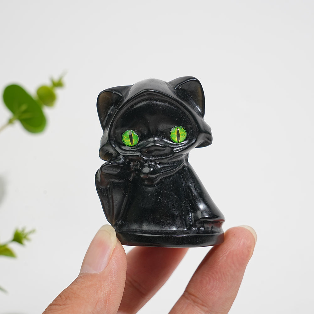 Natural Crystal Cute Carving Hooded Wizard Cat