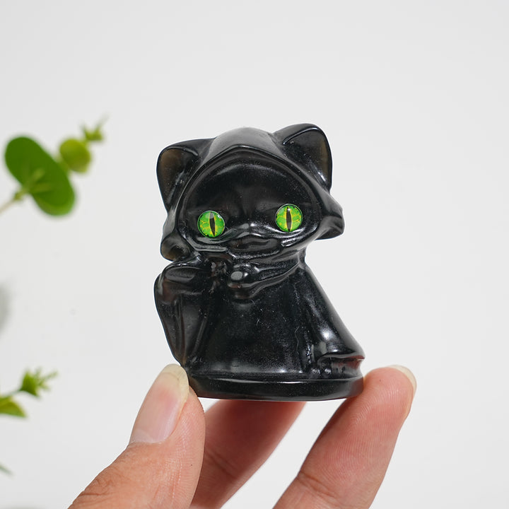 Natural Crystal Cute Carving Hooded Wizard Cat