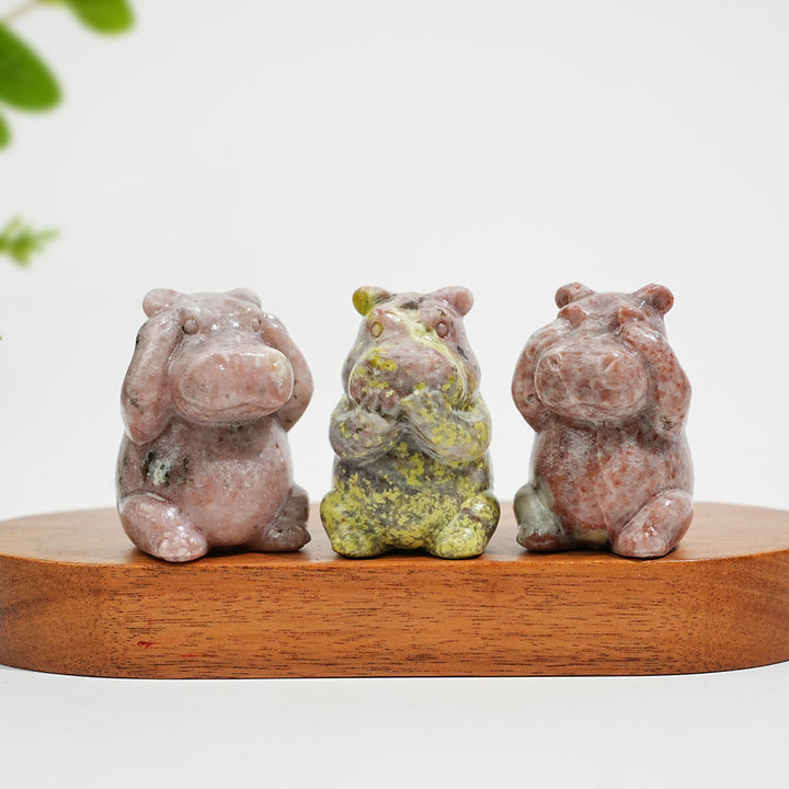 Natural Crystal Whimsical “Three No” Hippo Set