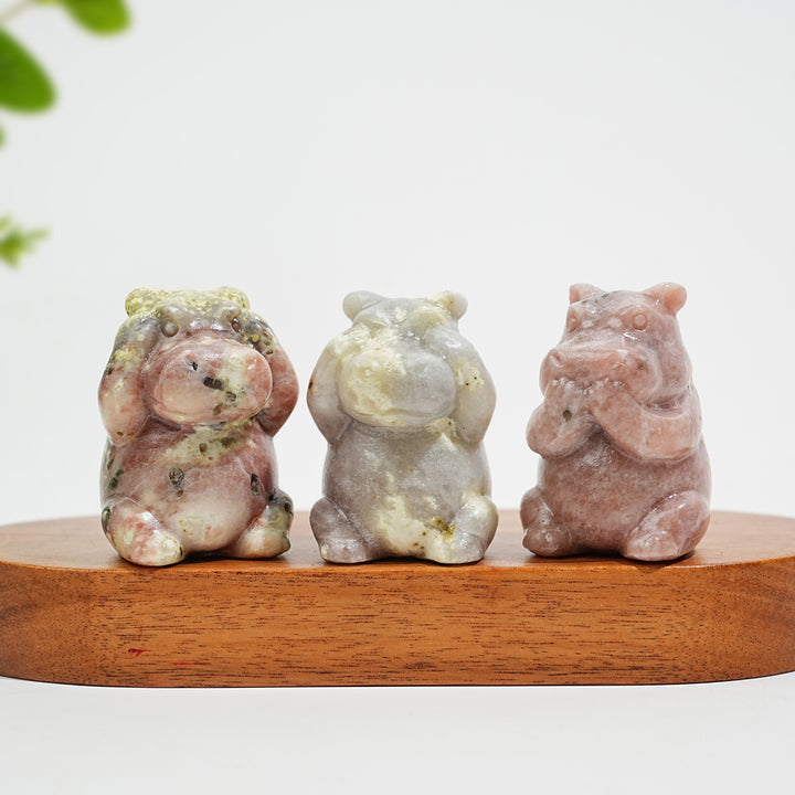 Natural Crystal Whimsical “Three No” Hippo Set
