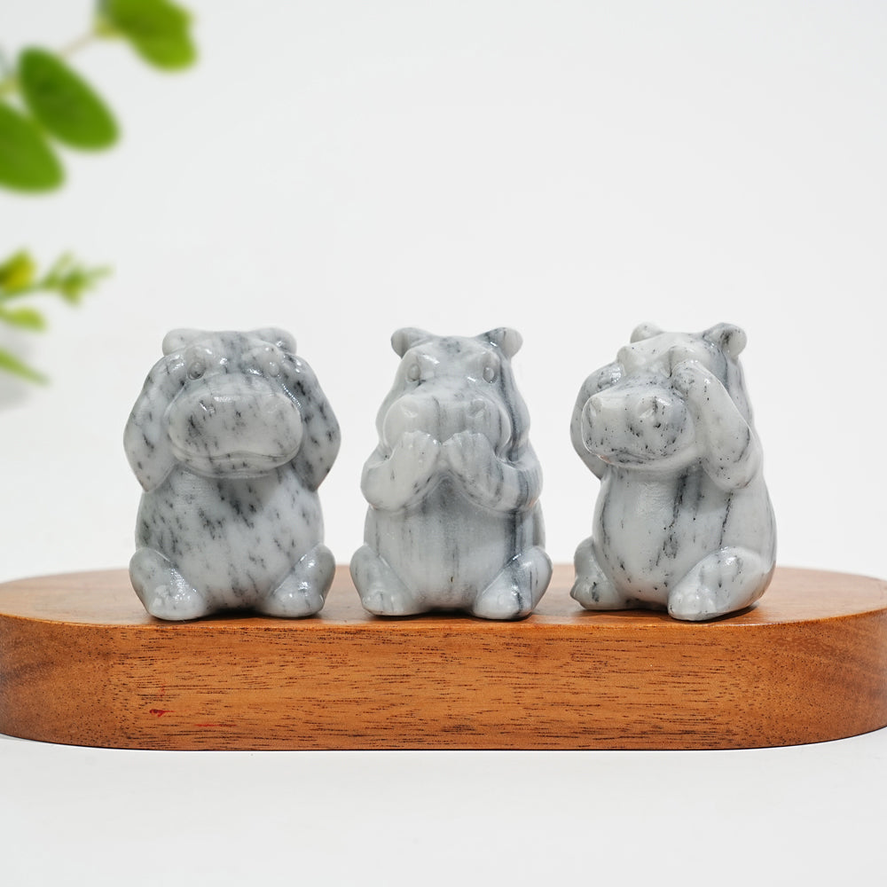 Natural Crystal Whimsical “Three No” Hippo Set