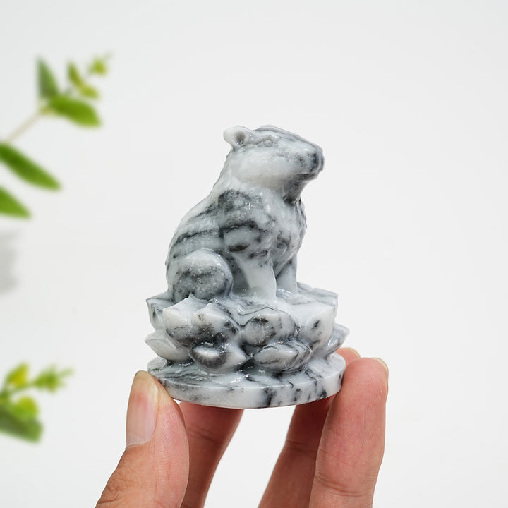 Natural Crystal Capybara Seated On Lotus Base Carving