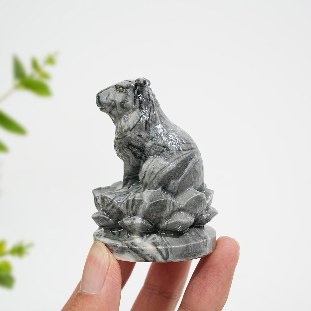 Natural Crystal Capybara Seated On Lotus Base Carving