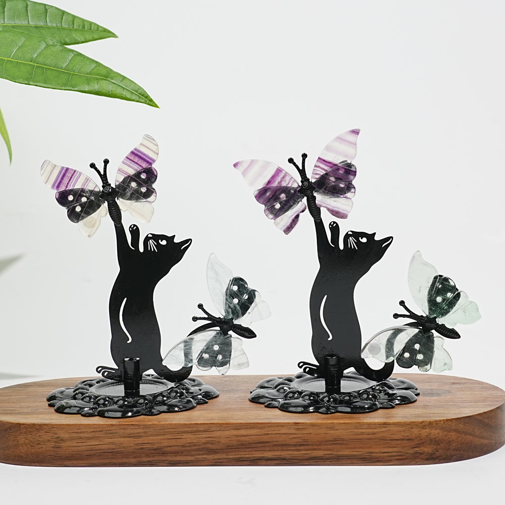 A Slightly Imperfect Natural Fluorite Cat Chasing Butterfly Display Ornament