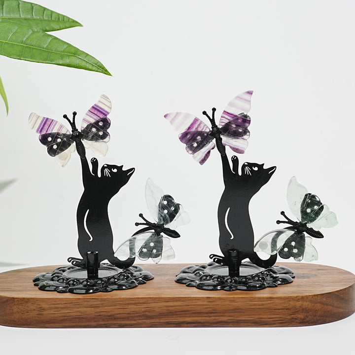 A Slightly Imperfect Natural Fluorite Cat Chasing Butterfly Display Ornament
