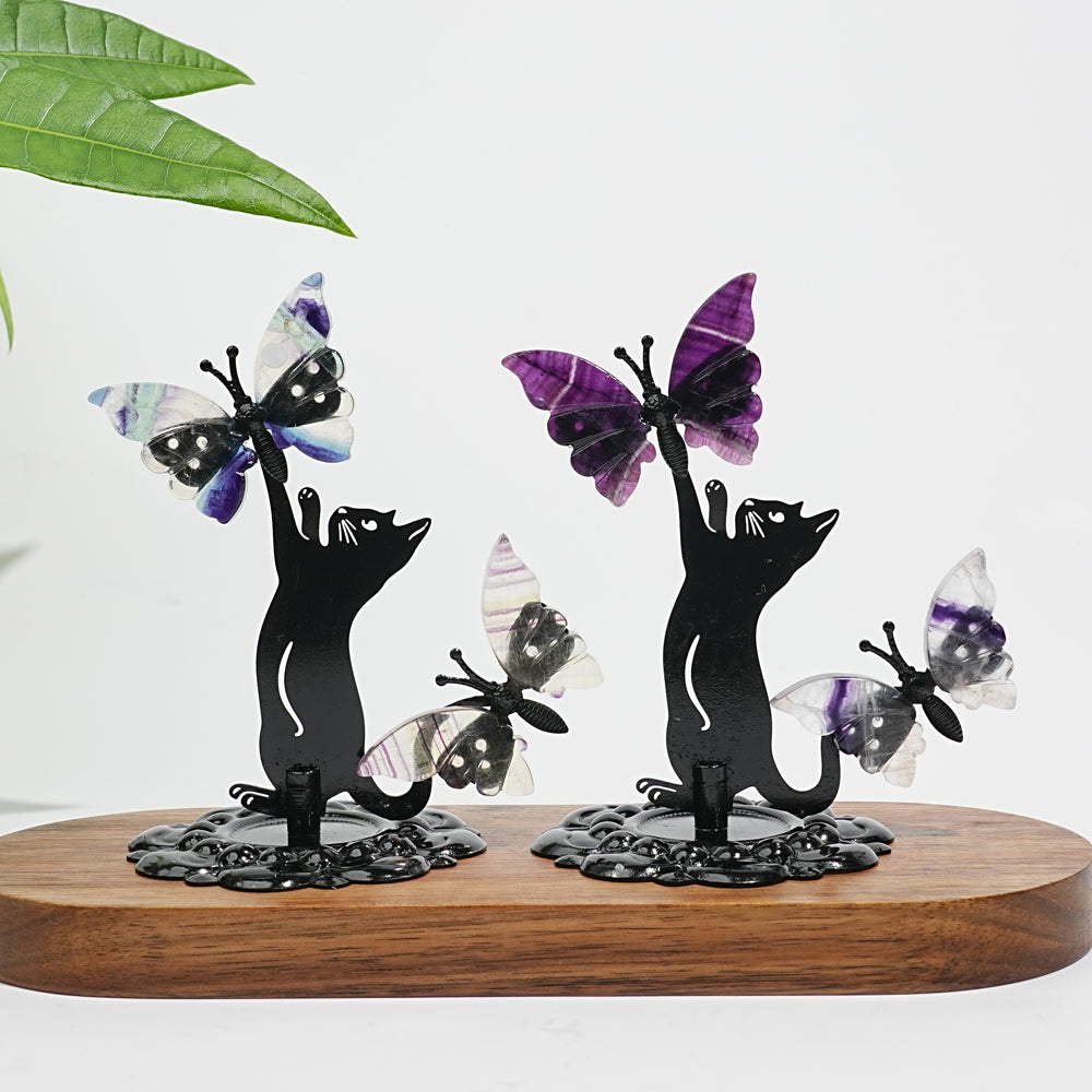 A Slightly Imperfect Natural Fluorite Cat Chasing Butterfly Display Ornament