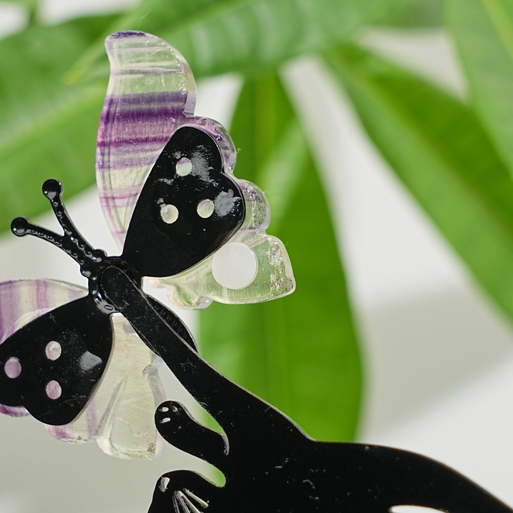 A Slightly Imperfect Natural Fluorite Cat Chasing Butterfly Display Ornament