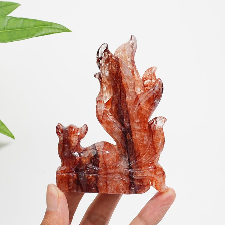 Unique,Natural Crystal Fire Quartz Nine-Tailed Fox Carving