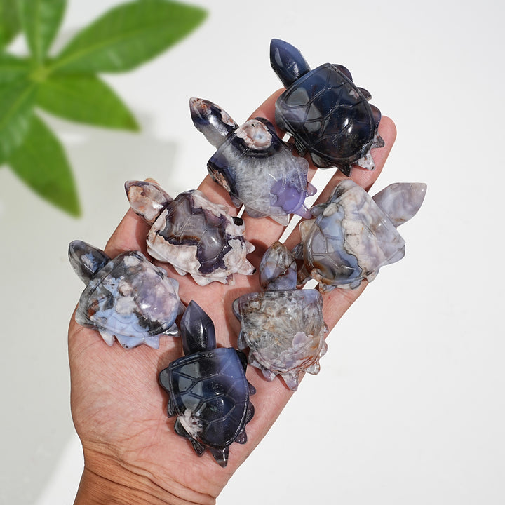 Natural Cute Blue Flower Agate Crystal Sea Turtle Carving