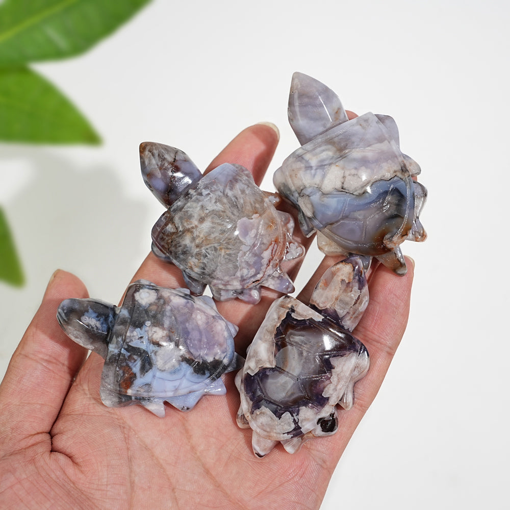 Natural Cute Blue Flower Agate Crystal Sea Turtle Carving