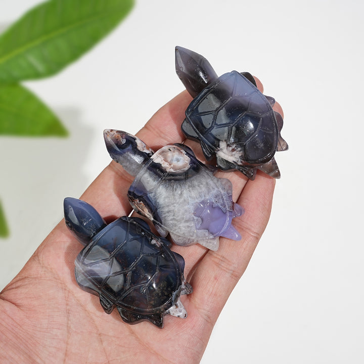 Natural Cute Blue Flower Agate Crystal Sea Turtle Carving