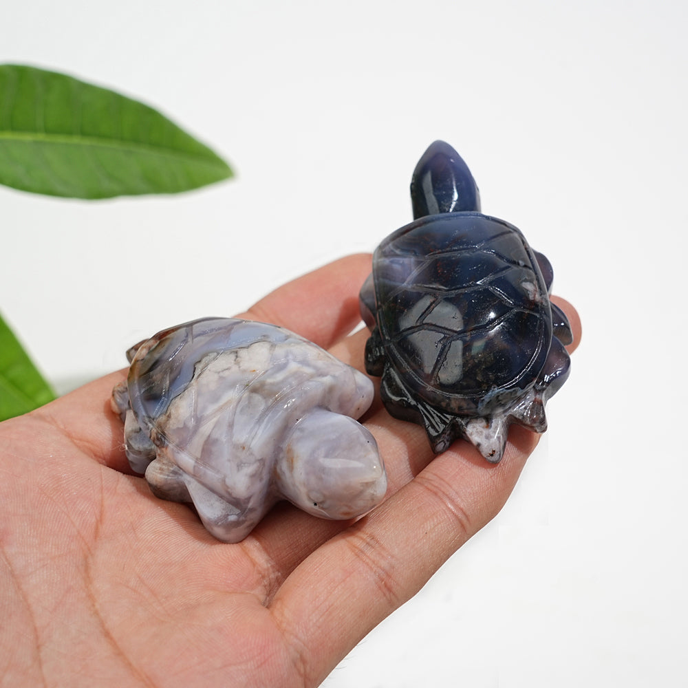 Natural Cute Blue Flower Agate Crystal Sea Turtle Carving