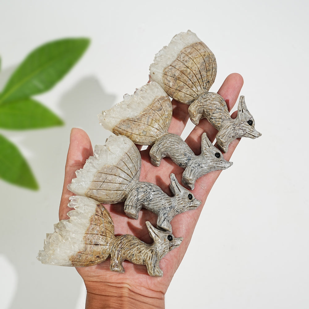 Natural Crystal Delicate Cluster Nine‑Tailed Fox Carving