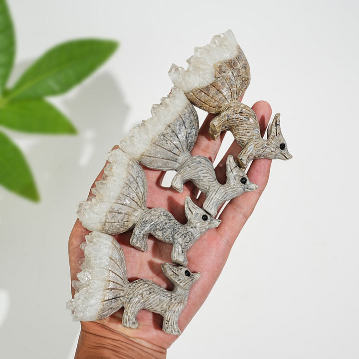 Natural Crystal Delicate Cluster Nine‑Tailed Fox Carving