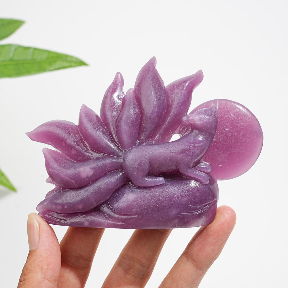 Unique,Natural Exquisite Crystal Lepidolite Nine-Tailed Fox Carving