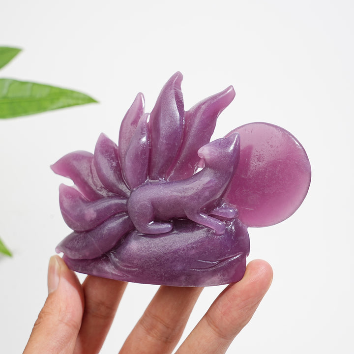 Unique,Natural Exquisite Crystal Lepidolite Nine-Tailed Fox Carving