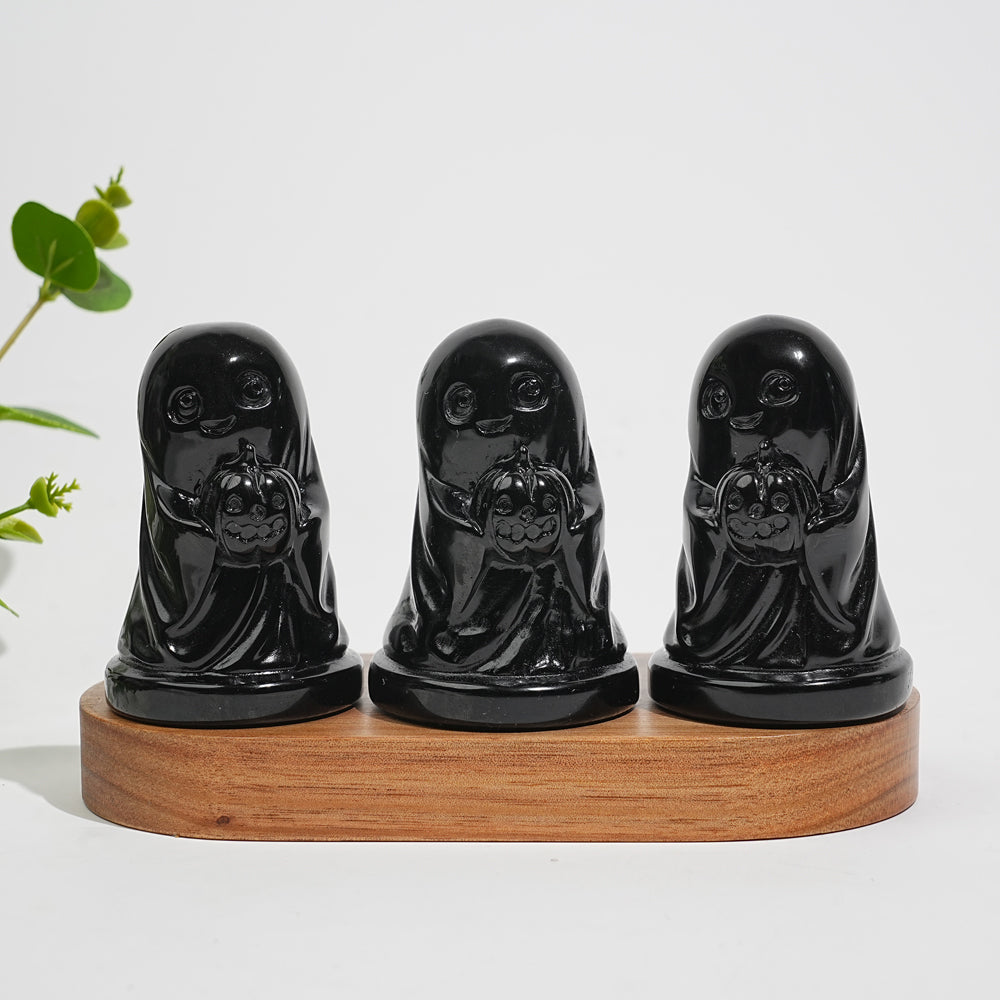 Natural Crystal Carving Black Obsidian Smiling Ghost With Pumpkin