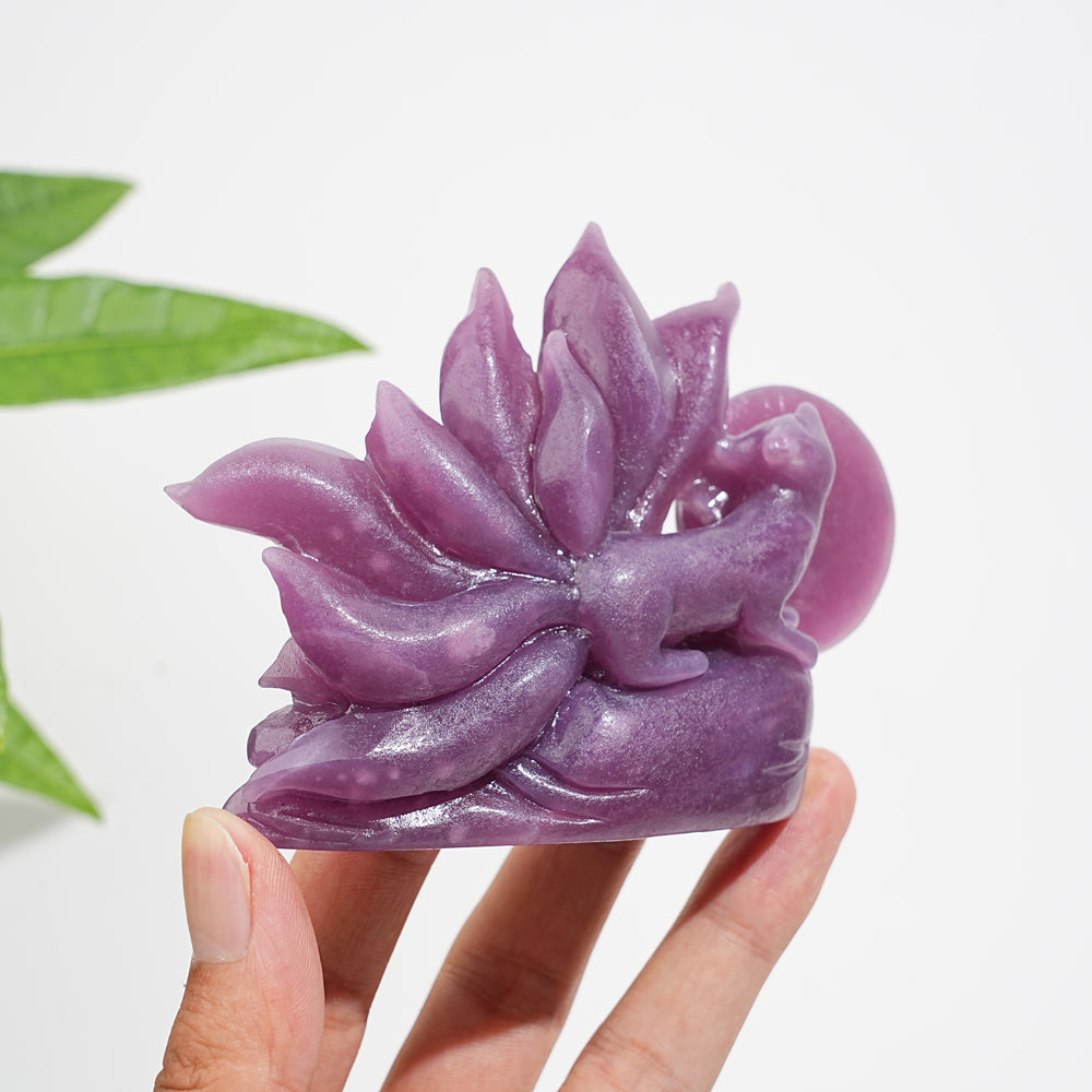 Unique,Natural Exquisite Crystal Lepidolite Nine-Tailed Fox Carving
