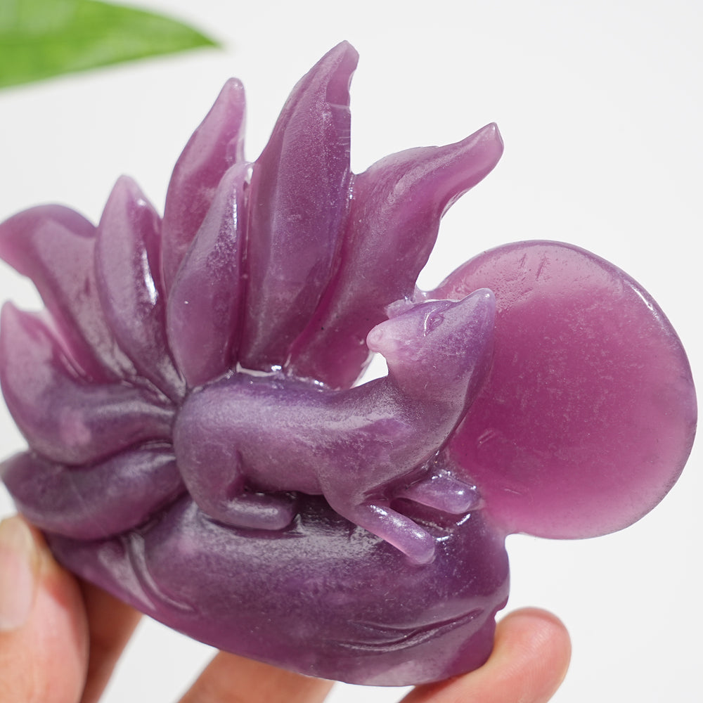 Unique,Natural Exquisite Crystal Lepidolite Nine-Tailed Fox Carving