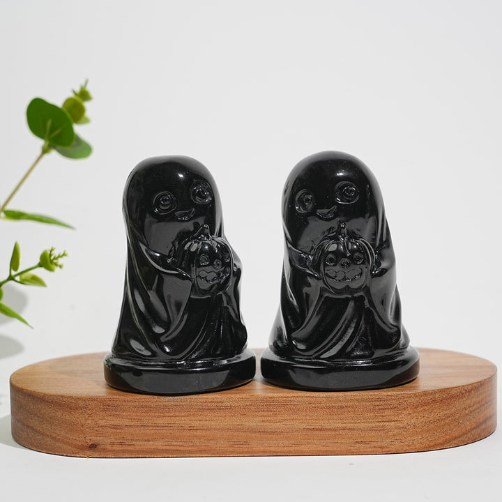 Natural Crystal Carving Black Obsidian Smiling Ghost With Pumpkin