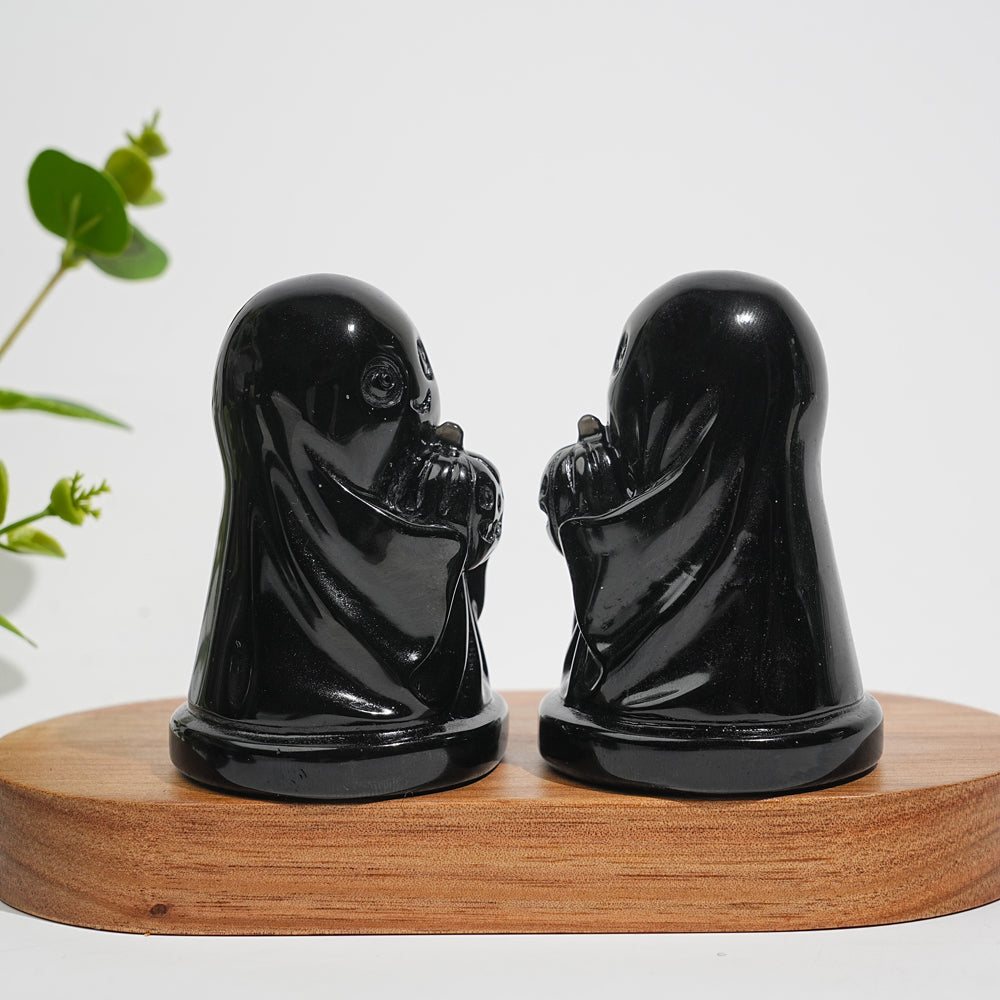 Natural Crystal Carving Black Obsidian Smiling Ghost With Pumpkin