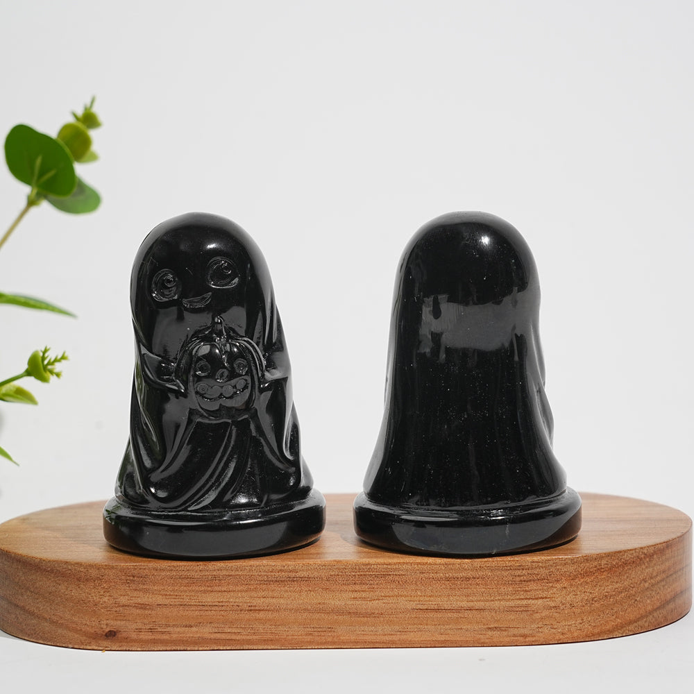 Natural Crystal Carving Black Obsidian Smiling Ghost With Pumpkin