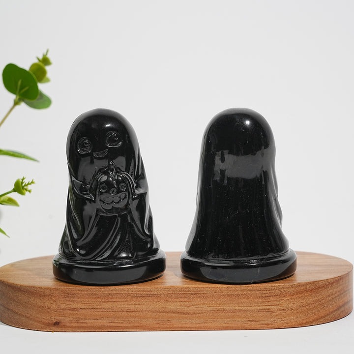 Natural Crystal Carving Black Obsidian Smiling Ghost With Pumpkin