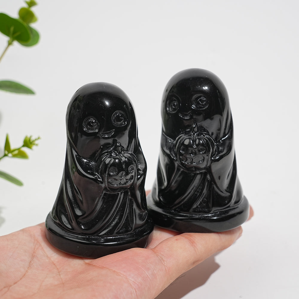 Natural Crystal Carving Black Obsidian Smiling Ghost With Pumpkin