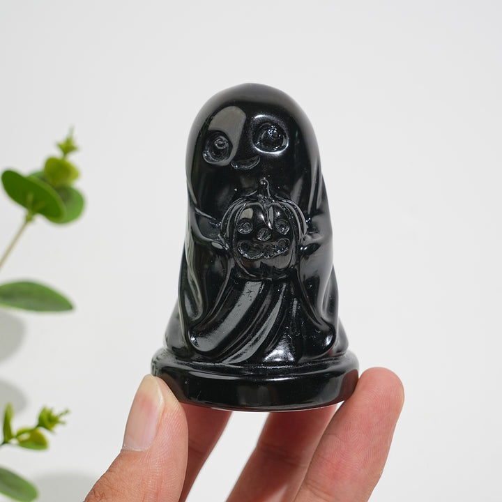 Natural Crystal Carving Black Obsidian Smiling Ghost With Pumpkin
