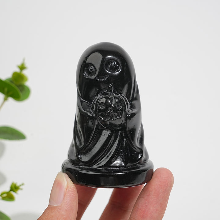 Natural Crystal Carving Black Obsidian Smiling Ghost With Pumpkin