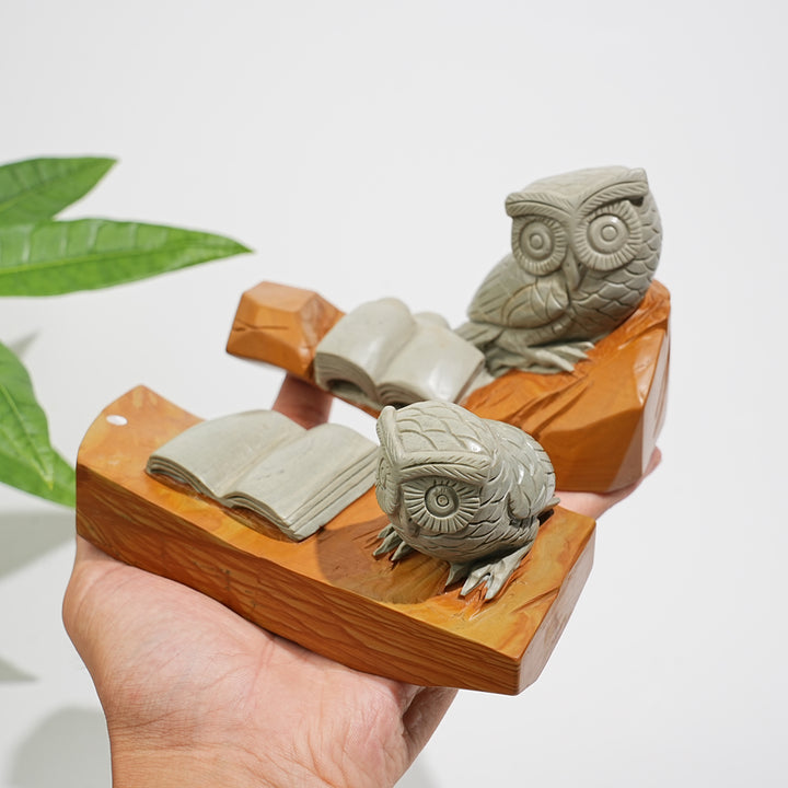 Unique,A Slightly Imperfect Natural Crystal Calcite Owl With Book Carving