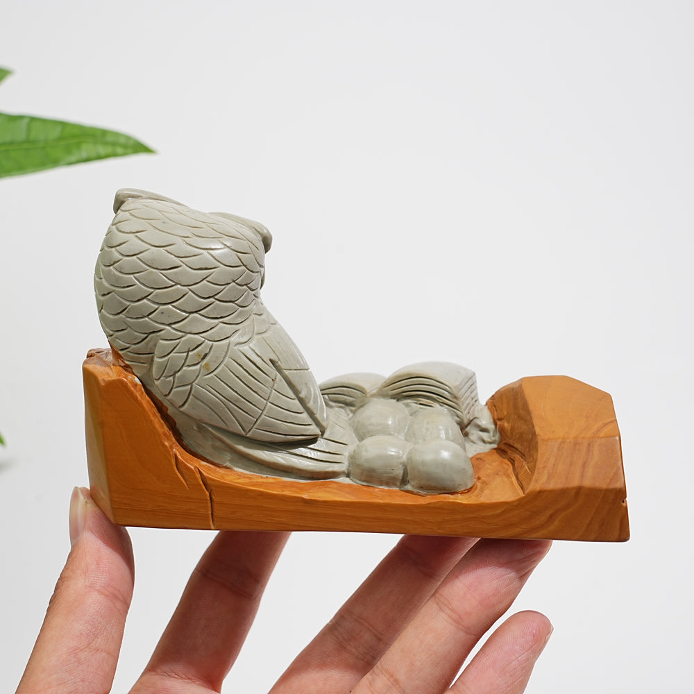 Unique,A Slightly Imperfect Natural Crystal Calcite Owl With Book Carving