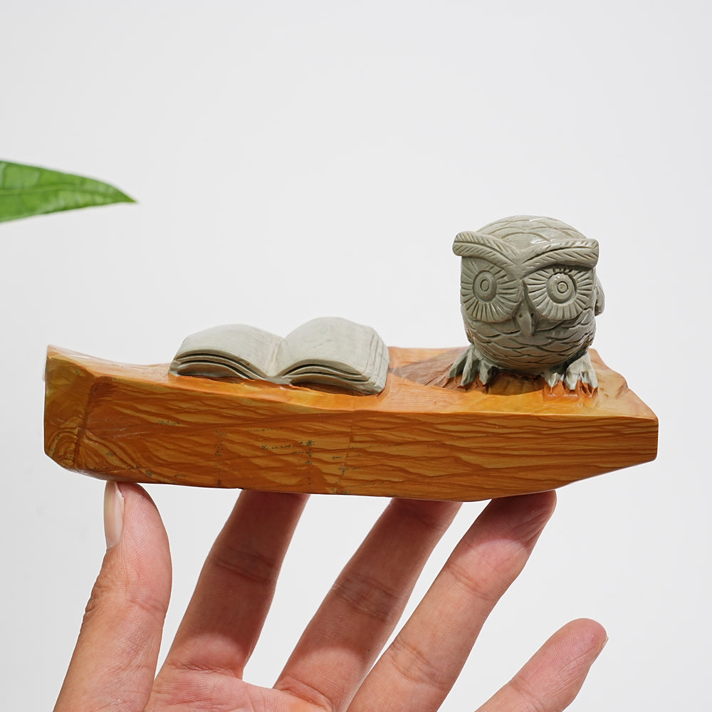 Unique,A Slightly Imperfect Natural Crystal Calcite Owl With Book Carving