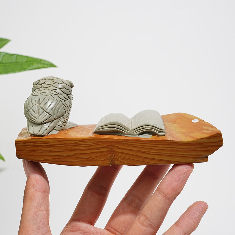 Unique,A Slightly Imperfect Natural Crystal Calcite Owl With Book Carving