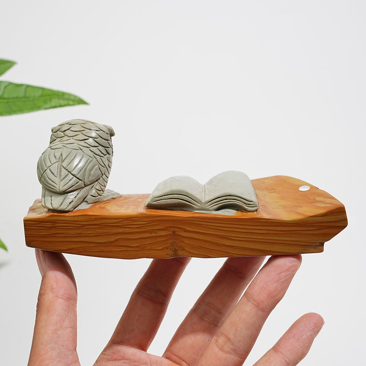 Unique,A Slightly Imperfect Natural Crystal Calcite Owl With Book Carving