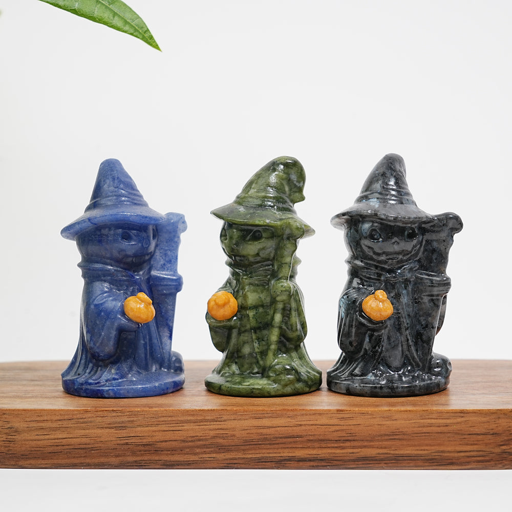 Natural Crystal Hat-Wearing Pumpkin Ghost Wizard Carving