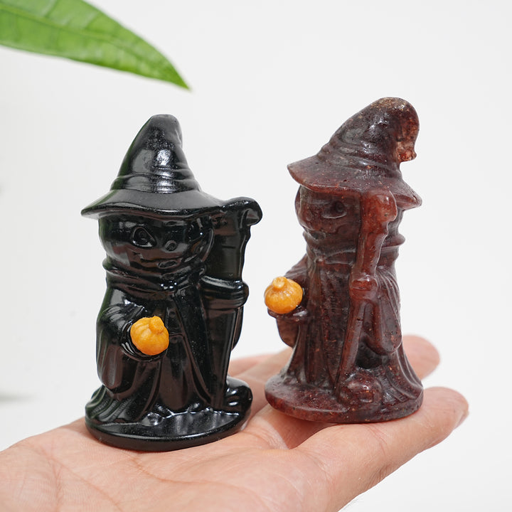 Natural Crystal Hat-Wearing Pumpkin Ghost Wizard Carving