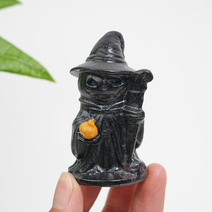 Natural Crystal Hat-Wearing Pumpkin Ghost Wizard Carving